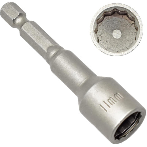 11mm Cladding & Roofing Bi-Hex Socket 65mm Long 1/4" Drive + Retaining Clip (20 Pack)